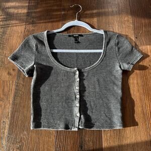 FOREVER 21 Ribbed Button-Front Crop Top Shirt Burnout Heather Gray Size Small